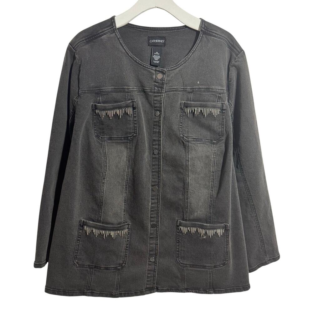Catherines‎ Grunge Jean Jacket Women 2X Plus Size Black Faded Denim Button Up